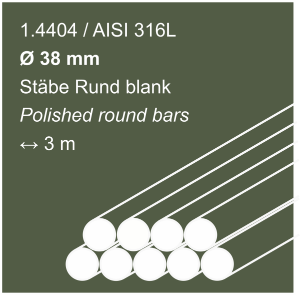 Edelstahlstäbe aus 1.4404 (316L), 38 mm Durchmesser, 3000 mm lang, auf einem dunkelbeigen Hintergrund abgebildet